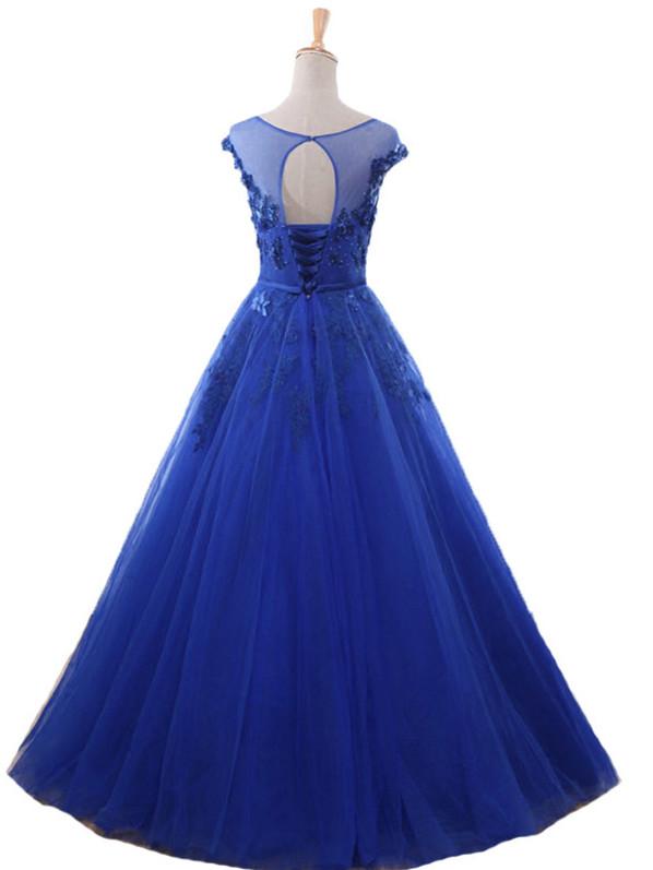 Royal Blue Ball Gown Tulle With Lace Round Cap Sleeves Prom Dress, Blue Sweet 16 Dress   cg16637