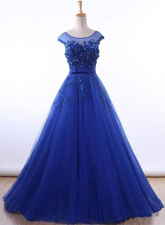 Royal Blue Ball Gown Tulle With Lace Round Cap Sleeves Prom Dress, Blue Sweet 16 Dress   cg16637