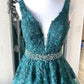 Green v neck tulle lace long prom dress, green formal dress   cg16643