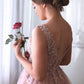 A Line V Neck Pink Lace Long Prom Dress, Pink Lace Formal Graduation Evening Dress   cg16648