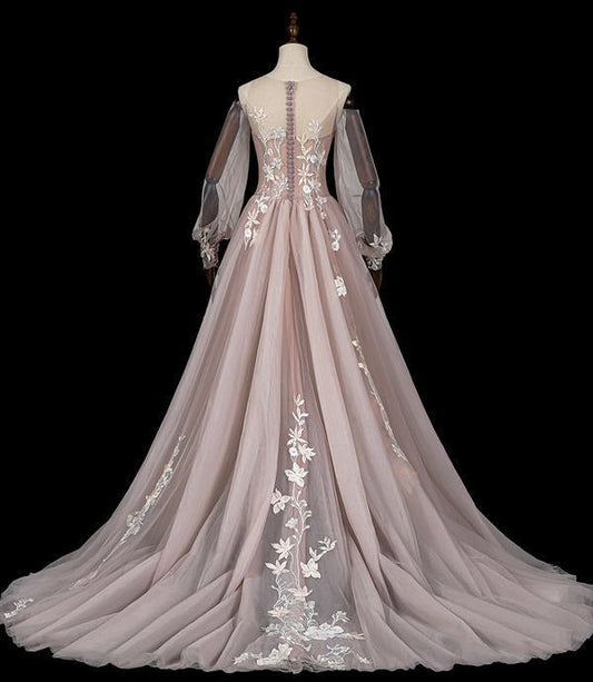 Pink tulle lace long prom dress pink evening dress   cg16651