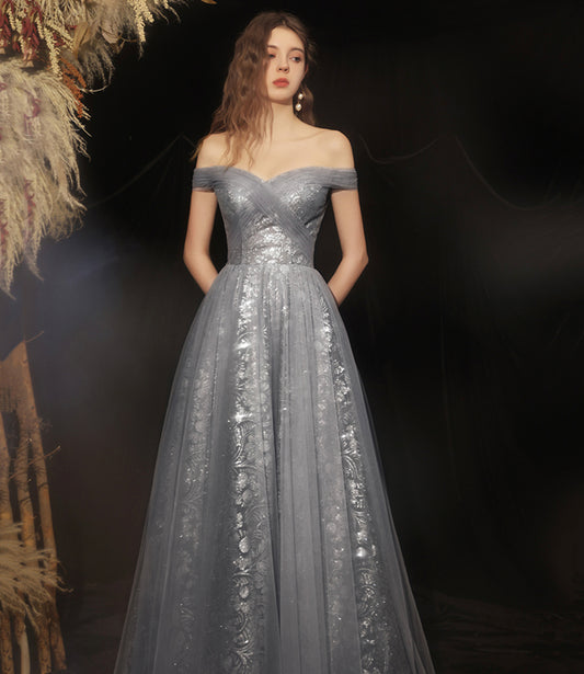 GREY LONG A LINE PROM DRESS OFF SHOULDER EVENING DRESS     cg16672