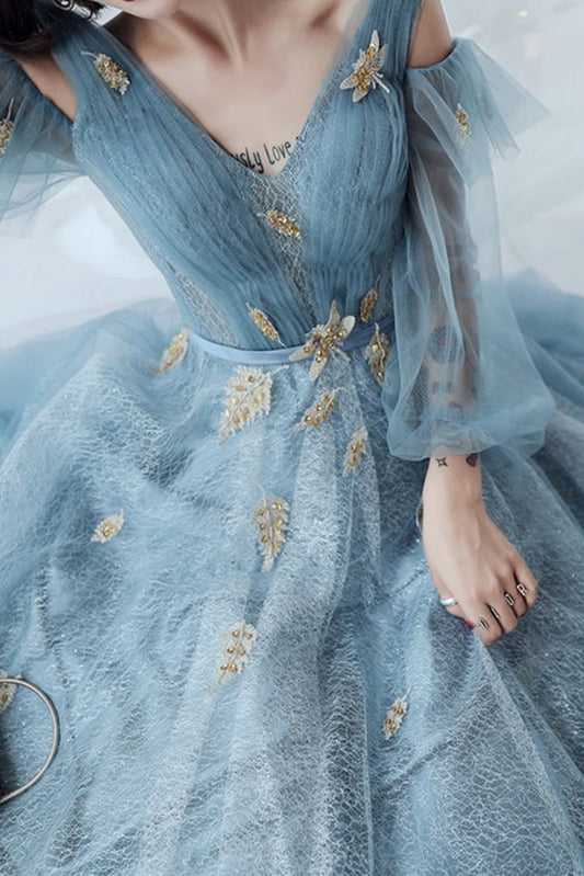 Dusty Blue Lace Appliqued Tulle Long Prom Dress   cg16676