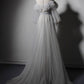 Gray Tulle Lace High Neck Long Senior Prom Dress, Gray Formal Dress With Sleeve   cg16696