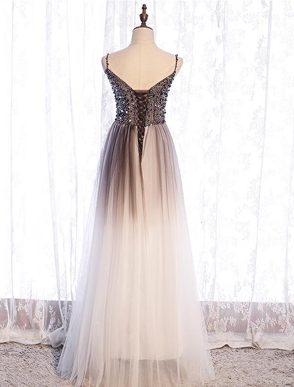 long prom dress Gradient Tulle Beaded Long Party Dress, A-Line Tulle Straps Formal Dress   cg16699