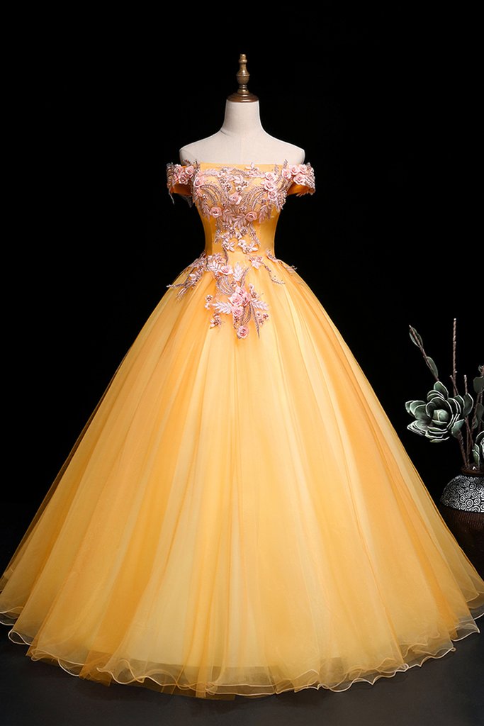 Yellow Tulle Off Shoulder Long Custom Size Senior Prom Dress, Evening Dress   cg16709