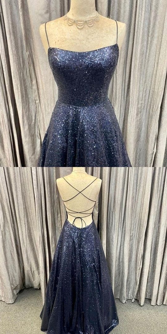 Navy Blue Sequined Prom Dress   cg16730