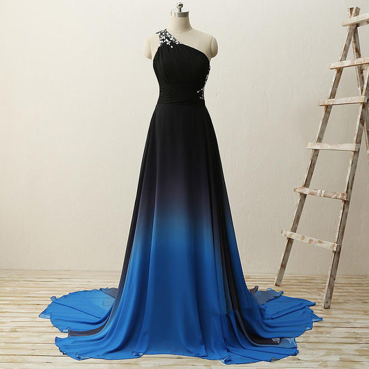 One Shoulder Beaded Chiffon Gradient Long Party Dress, Blue Formal Dress, Prom Dress   cg16746