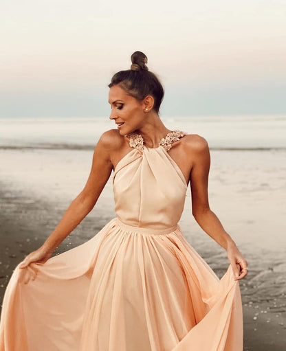 Open Back Peach Chiffon Long Formal Dress Prom Dress    cg16789