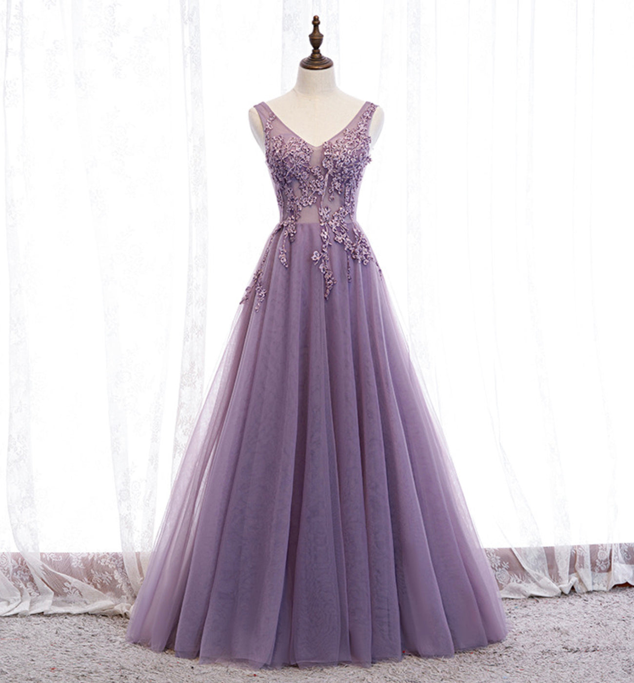 PURPLE V NECK LONG A LINE PROM DRESS LACE EVENING DRESS   cg16844