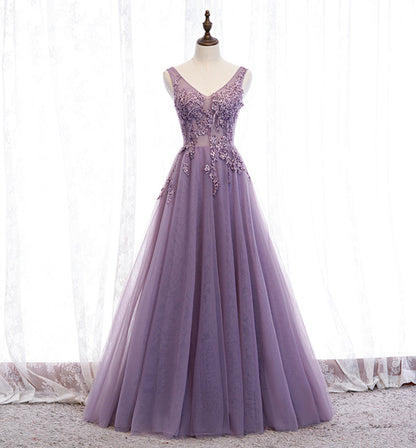 PURPLE V NECK LONG A LINE PROM DRESS LACE EVENING DRESS   cg16844