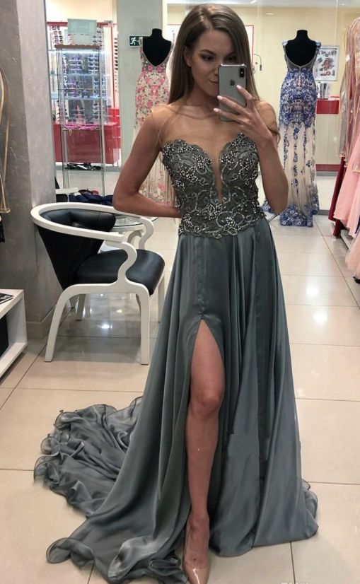 Chic Sheer Neck Gray Prom Dresses Sleeveless Beaded Chiffon Sweep Train Split Evening Dress    cg16869