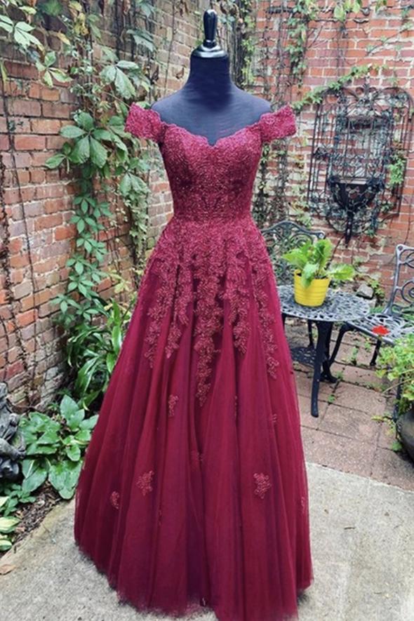 Burgundy lace long A line prom dress evening dress   cg16874