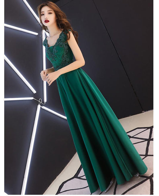 Green Satin A-Line Long Party Dress With Lace, Beaded Satin Evening Dress Prom Dress   cg16875