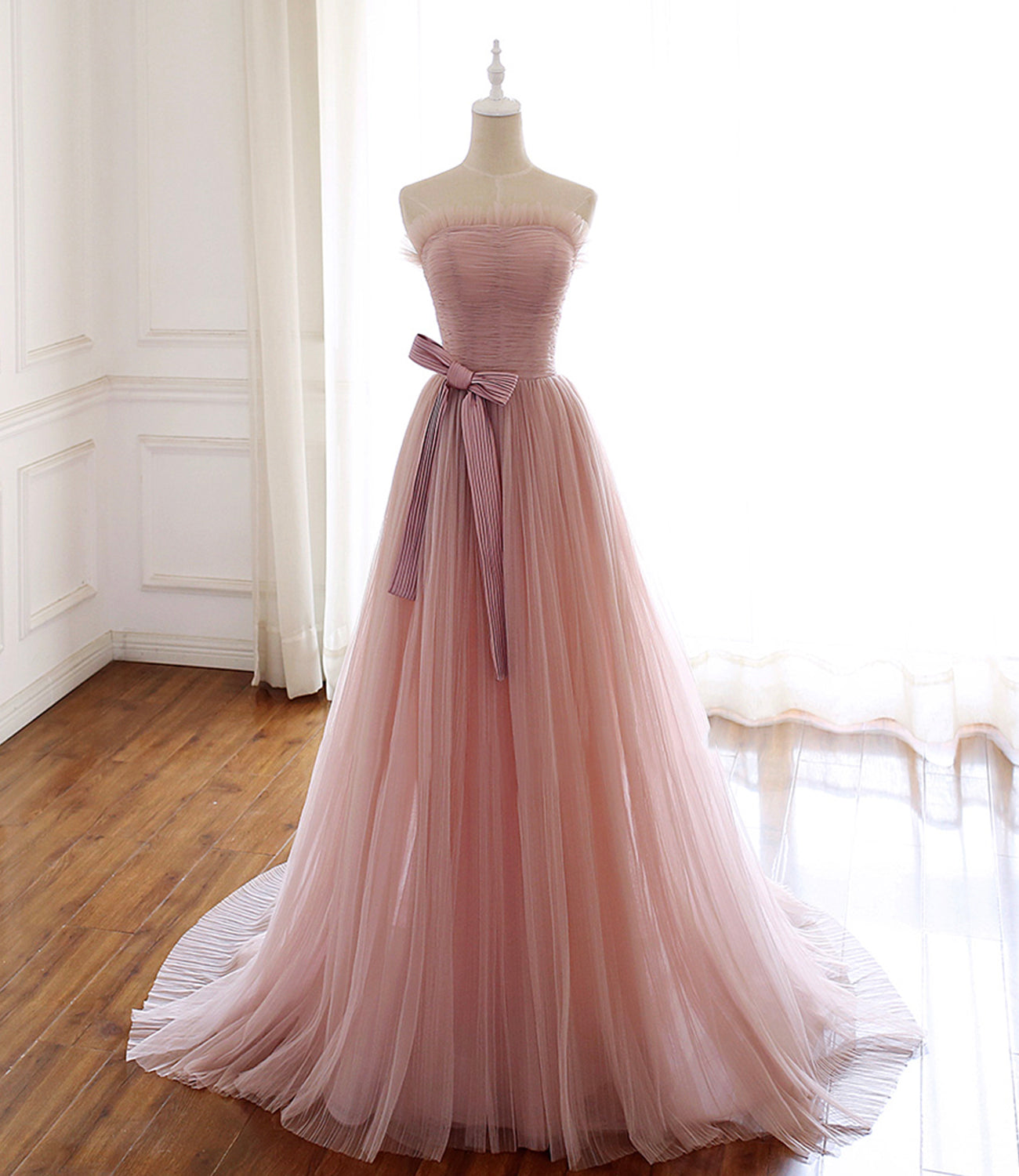 PINK TULLE LONG PROM DRESS PINK EVENING DRESS    cg16914