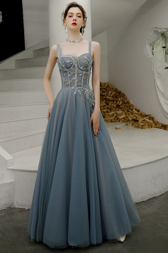 Elegant A-Line Embroidery Dusty Blue Prom Dress   cg16918