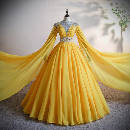 Yellow Chiffon Long Beaded Ball Gown Formal Dress, Yellow Formal Dress, Prom Dress   cg16925