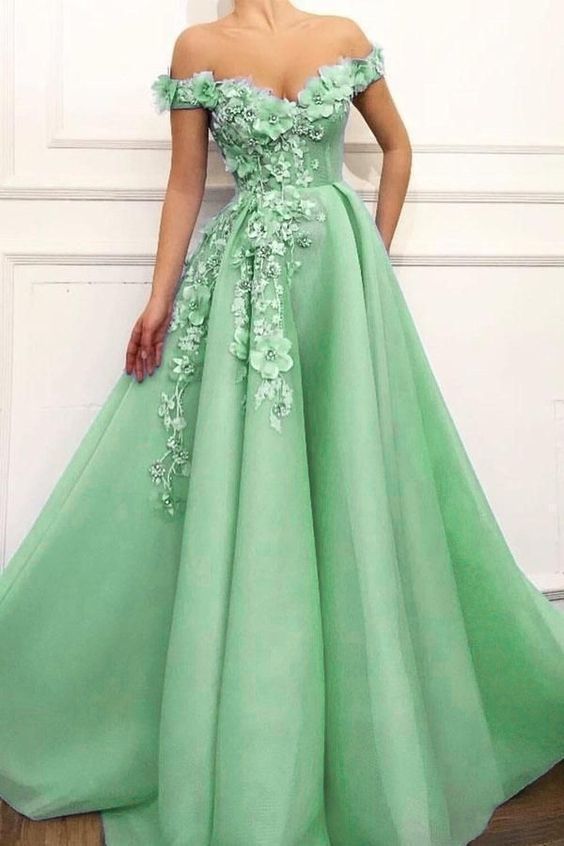 Off the shoulder tulle prom dress with appliques   cg15926
