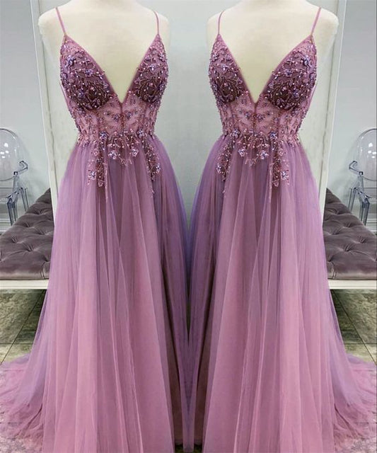 Mauve Tulle Prom Beaded Dresses     cg16955