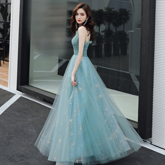 BLUE TULLE LONG A LINE PROM DRESS BLUE EVENING DRESS   cg16964