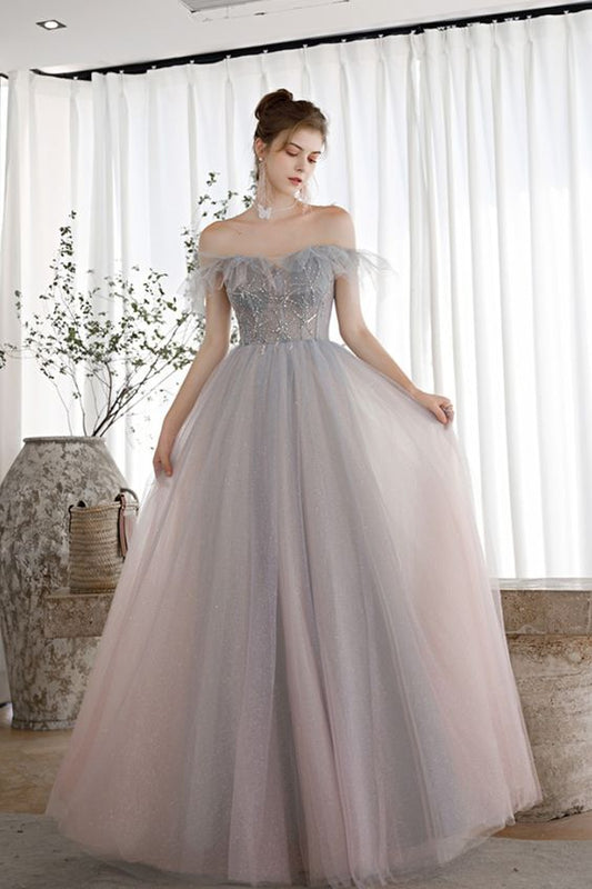 Dreamdressy off the shoulder grey tulle long formal dress prom dress 2021   cg16966