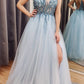 Blue tulle beads long A line prom dress evening dress   cg17003