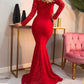 Elegant Mermaid Long Sleeves Red Prom Dress with Lace Online    cg17013