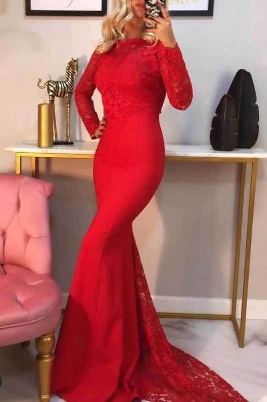 Elegant Mermaid Long Sleeves Red Prom Dress with Lace Online    cg17013