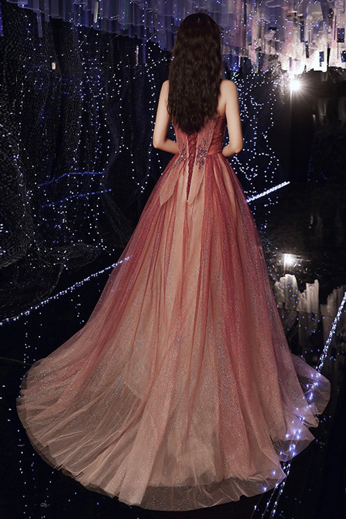 SHINY TULLE SEQUINS LONG PROM DRESS A LINE EVENING DRESS    cg17042