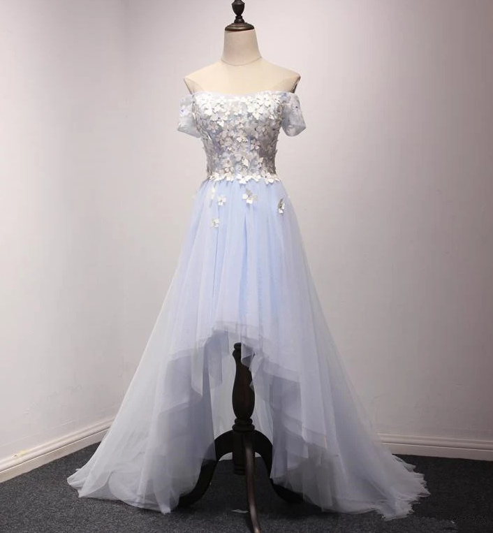 Light Blue Off Shoulder Flowers High Low Party Dress, Tulle Formal Dress Prom Dress   cg17055