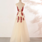Ivory Tulle With Red Lace Applique V-Neckline Prom Dress, Tulle V Back Formal Dress, Evening Dress   cg17056