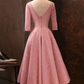 Pink V-Neckline Lace Short Sleeves Tea Length Wedding Party Dress, Short Prom Dress   cg17057