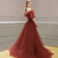 BURGUNDY TULLE LONG PROM DRESS A LINE EVENING DRESS    cg17105