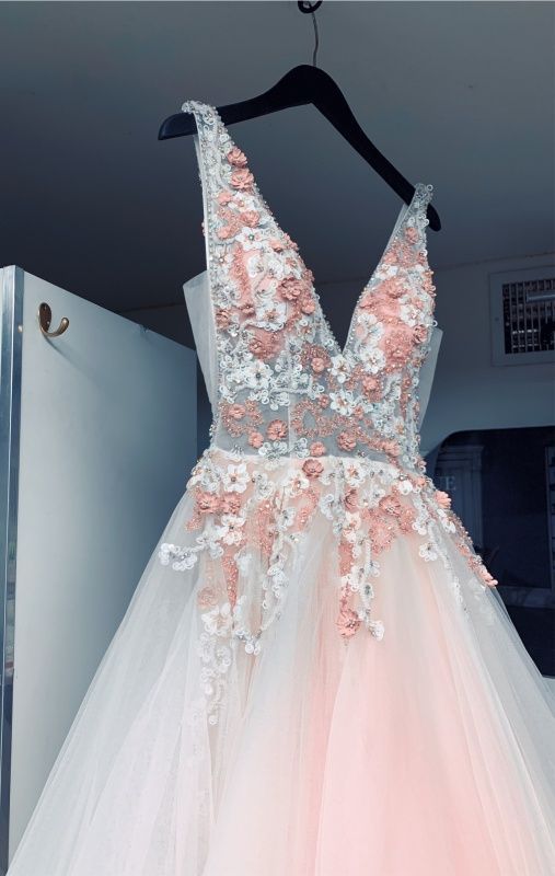 Plunge Pink Floral Appliqued Long Formal Gown for Graduation prom dress     cg17110