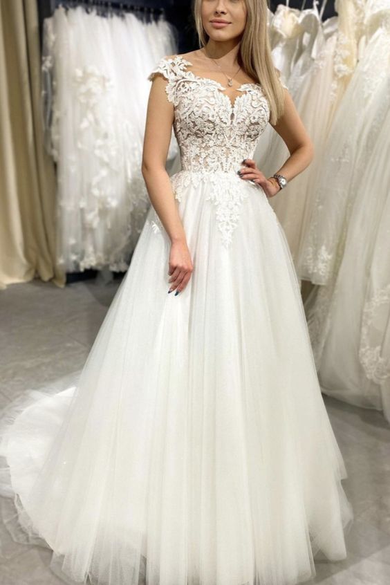 Elegant White Tulle Lace Cap Sleeves Prom Dress  cg17145