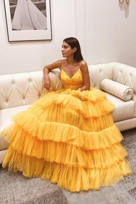 Layers Tulle Yellow Prom Dresses with Ruching Bodice    cg17156