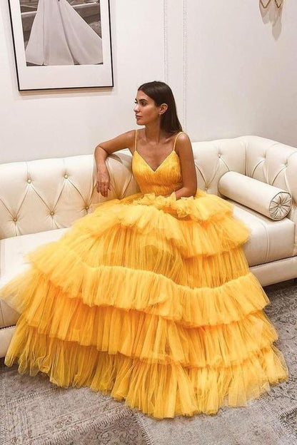 Layers Tulle Yellow Prom Dresses with Ruching Bodice    cg17156