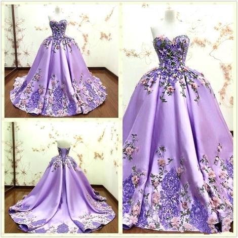 Luxury Purple Ball Gown Evening Dresses 3D-Floral Appliques Flower Lace Formal Prom Gowns  g17157