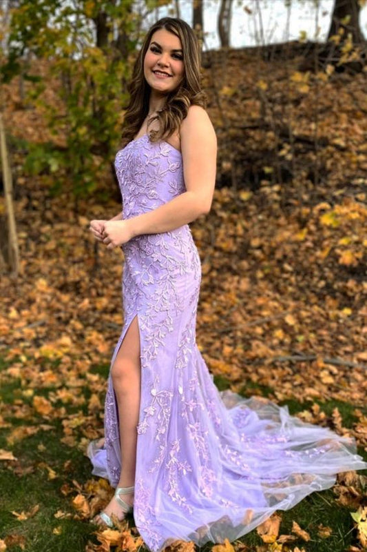gorgeous strapless mermaid lavender lace appliqued long formal prom dress with side slit   cg17188