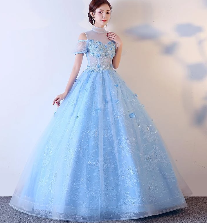 Light Blue Lace High Neck Lace Applique Ball Gown, Lace Sweet 16 Dress, Prom Dress   cg17199