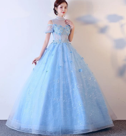 Light Blue Lace High Neck Lace Applique Ball Gown, Lace Sweet 16 Dress, Prom Dress   cg17199