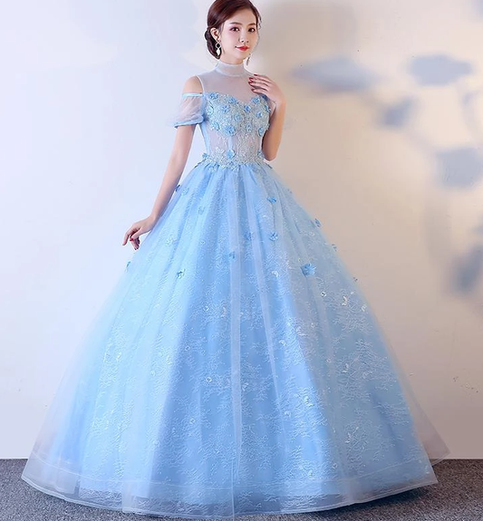 Light Blue Lace High Neck Lace Applique Ball Gown, Lace Sweet 16 Dress, Prom Dress   cg17199