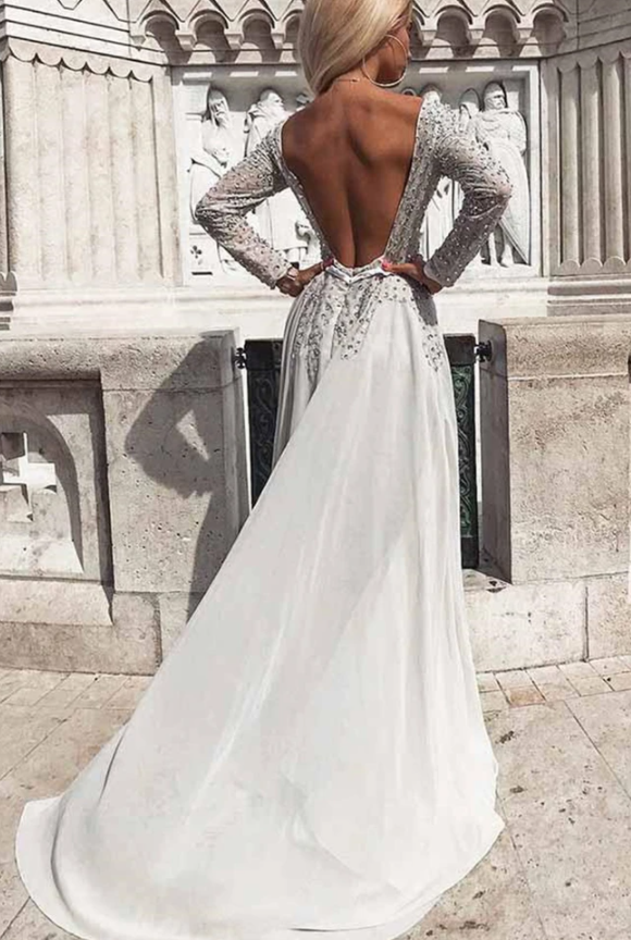 Silver Grey Sequins Long Sleeves Backless Prom Dress, Long Sleeves Silver Grey Formal Dress   cg17213