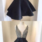 A-Line V-Neck Open Back Black Satin Short Homecoming Dress With Beading cg1723
