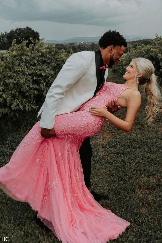mermaid hot pink lace appliqued long formal dress with lace up back prom dress    cg17243