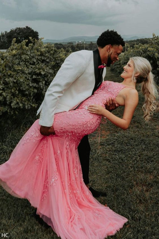 mermaid hot pink lace appliqued long formal dress with lace up back prom dress    cg17243