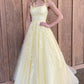 Yellow lace long prom dress A line evening dress   cg17255