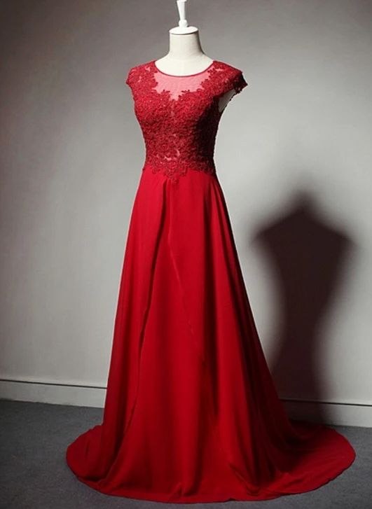 Red Chiffon Lace Applique Long Formal Dress, Red Party Dress Evening Dress prom dress evening dress    cg17273