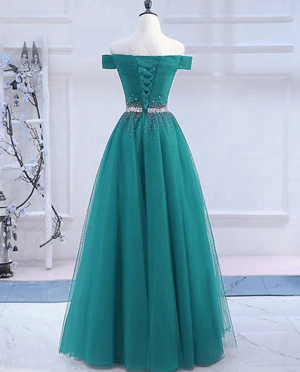Pretty Hunter Green Off Shoulder Beaded Prom Dress, Long Evening Dress, Party Dress   cg17274