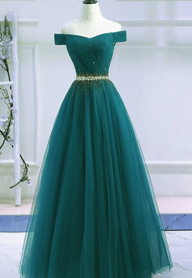 Pretty Hunter Green Off Shoulder Beaded Prom Dress, Long Evening Dress, Party Dress   cg17274